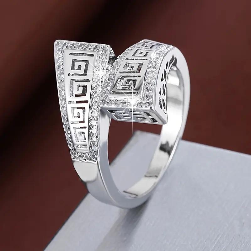 

Huitan Greek Key Pattern Ring for Women Paved Sparkling Cubic Zirconia Copper Color/Gold Color Luxury Trendy Daily Party Zircon 6