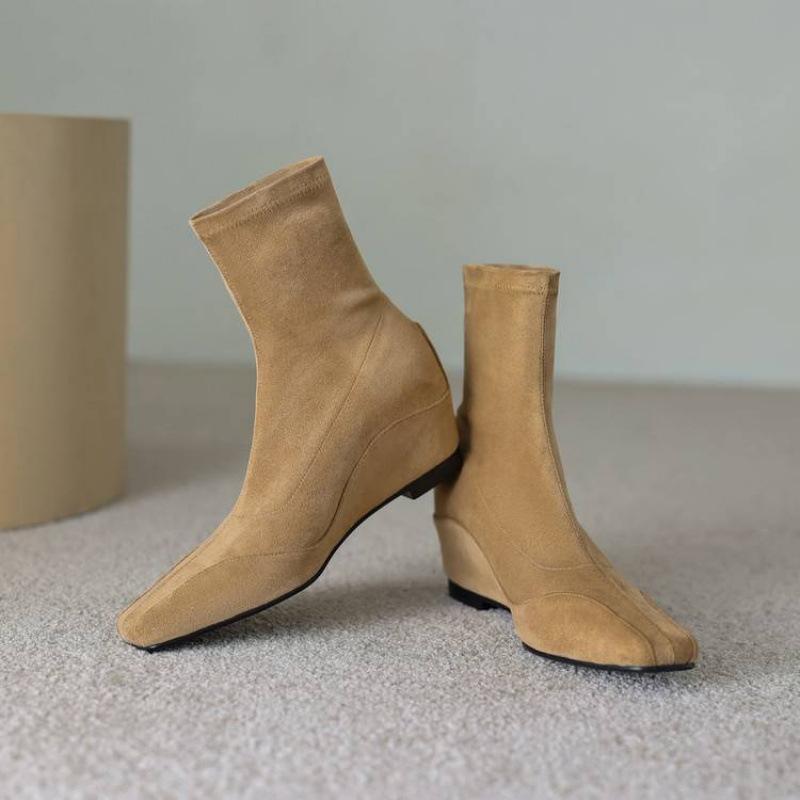 

New women s elastic suede knight boots sleeve medium heel square head large size women s boots autumn and winter versatile wedge heel medium boots 40