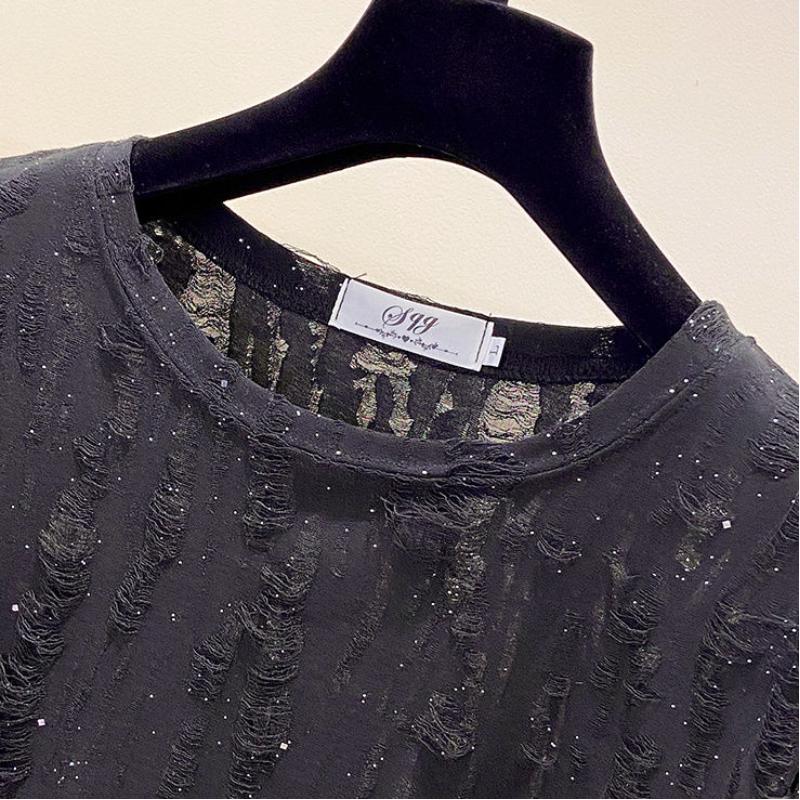 Large Size Women's Summer New Style Loose Slim Sequins Ripped Loose Short-sleeved T-shirt Fat Mm Half-sleeved Front Shoulder Top