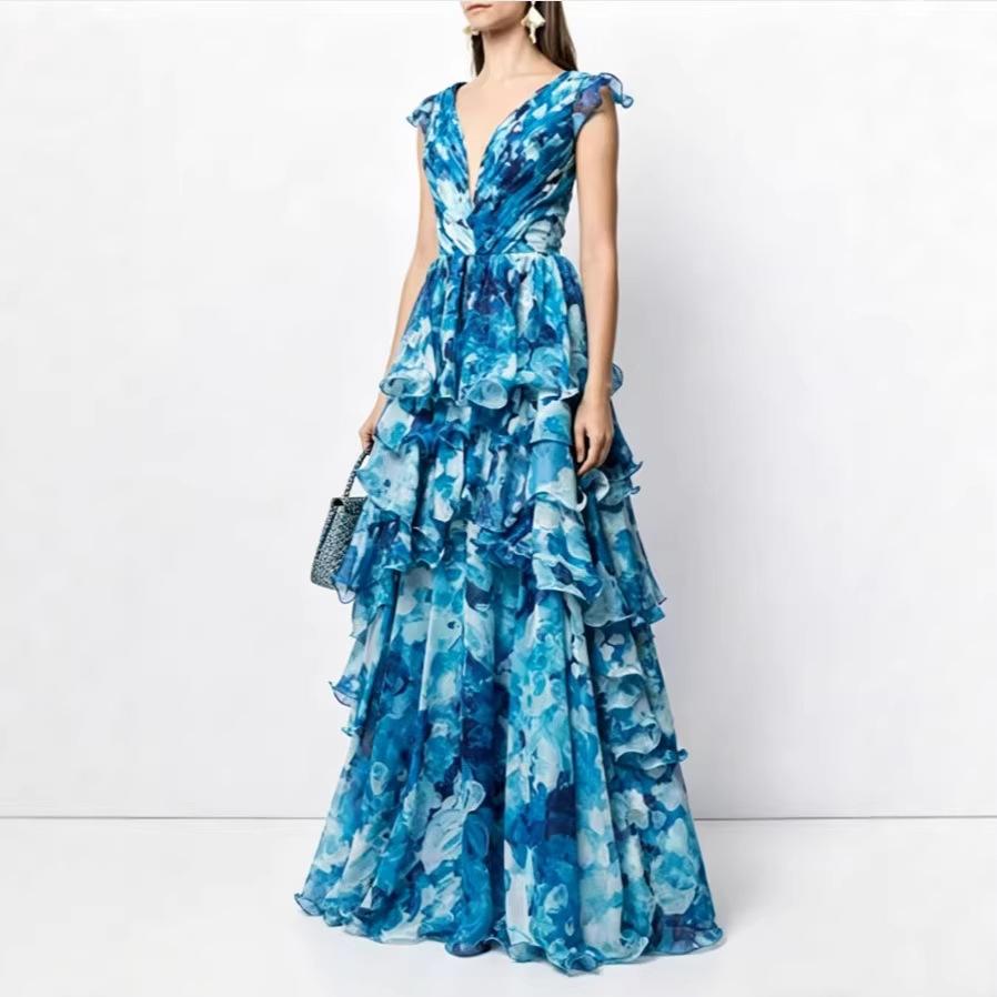 New Spring and Summer Off-the-shoulder European and American Women's Clothing Fashion Chiffon Printing Fairy Long Temperament Evening Dress Dress