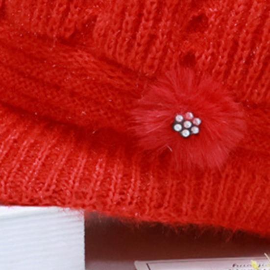 Women Knitting Hat Extended Brim Thickened Plush Winter Hat Solid Color Flower Decor Warm Hat Fashion Accessories