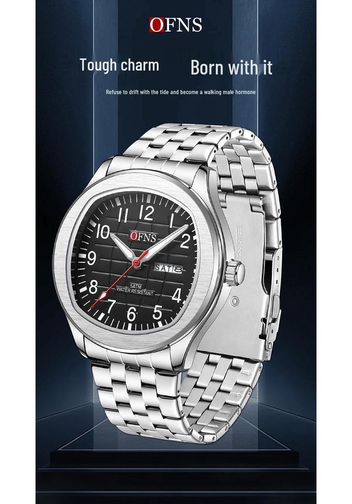 OFNS Men's Dual Calendar Quartz Watch - Business Waterproof Steel Strap Wristwatch.