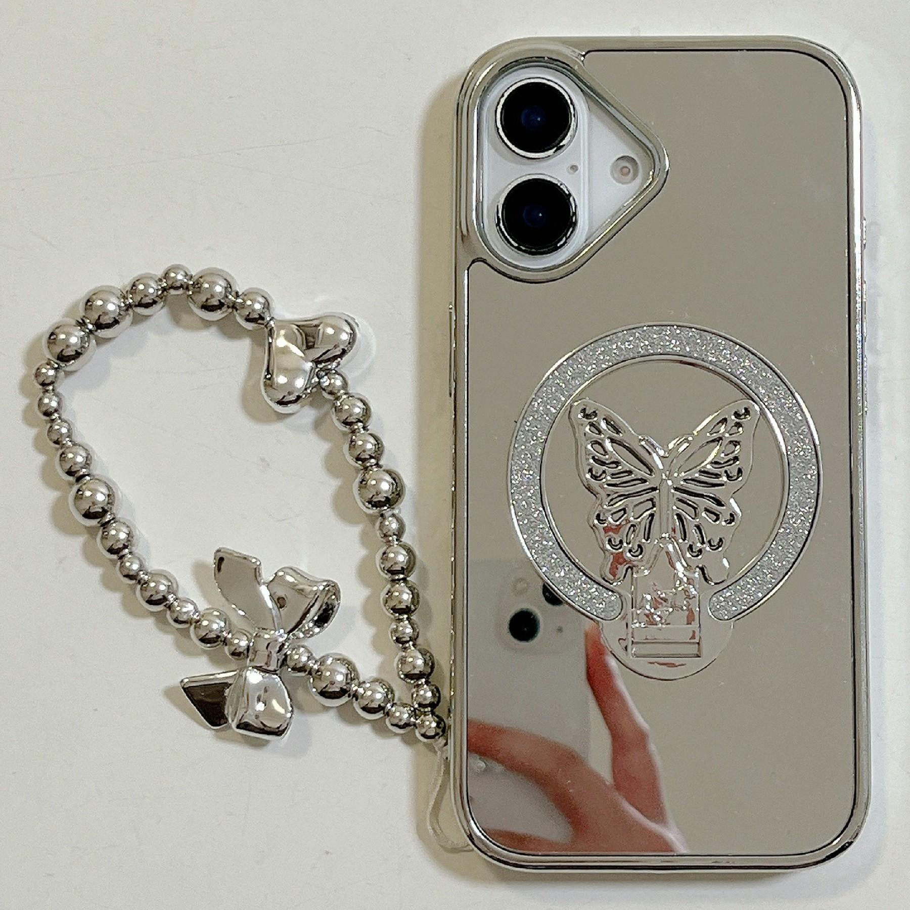 

Чехол для iPhone 16 с блестками, бабочкой, подставкой, зеркальным дизайном, задняя крышка телефона со шнурком A