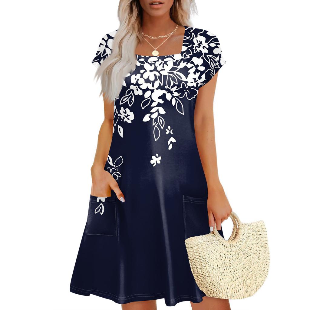 Summer Dresses For Women Loose Square Neck Cap Sleeve Casual Beach Vacation Tshirt Dress Sundresses With Pockets