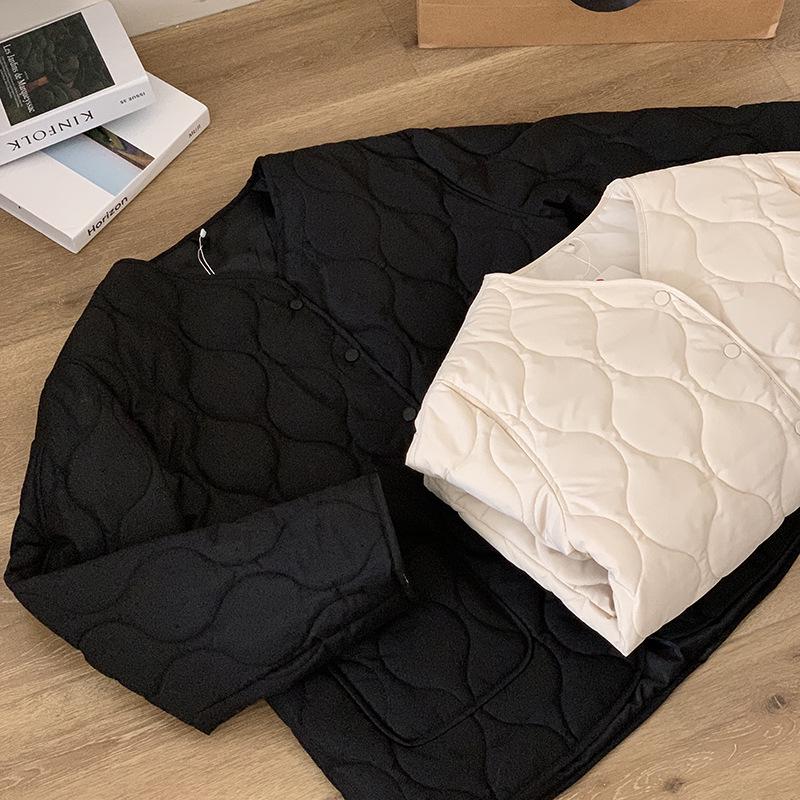 Bomullsjacka för dam i koreansk stil med diamantmönster, kraglös - Kort, sömlös, lättviktig för höst & vinter