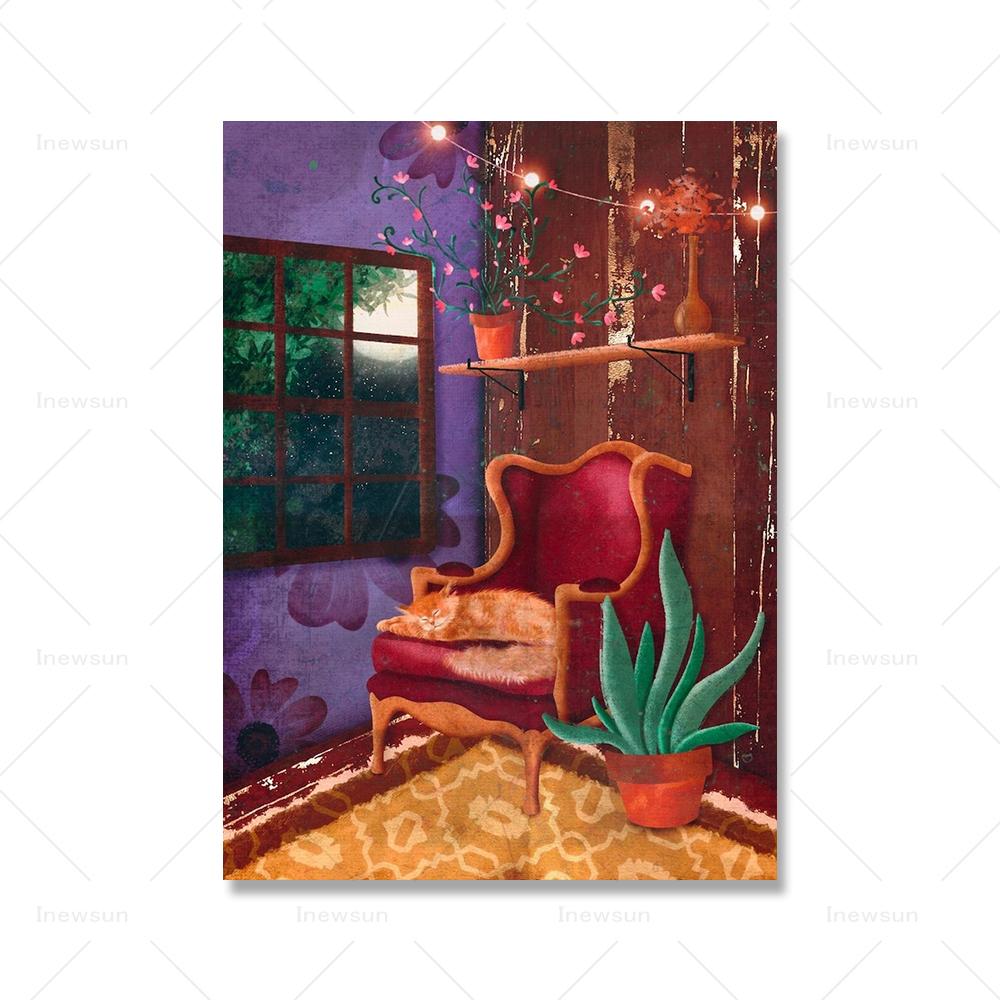 Buckelwal-Mädchen Kunstdruck marokkanischen Fenster Katze Nickerchen abstrakte Landschaft Leinwand Malerei Poster nordischen Frau in Badewanne Bild Wand-Dekor