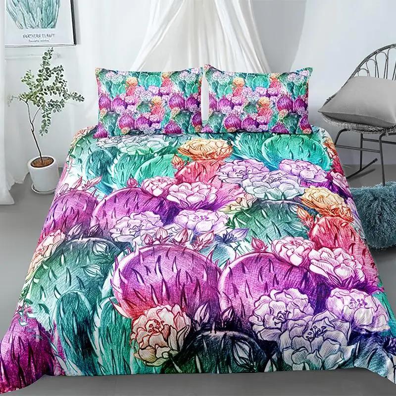 Cactus Duvet Cover Set Exotic Plant Prickly Pear Succulents Bedding Set Kids Teens I Love Cactus King Size Polyester Quilt Cover