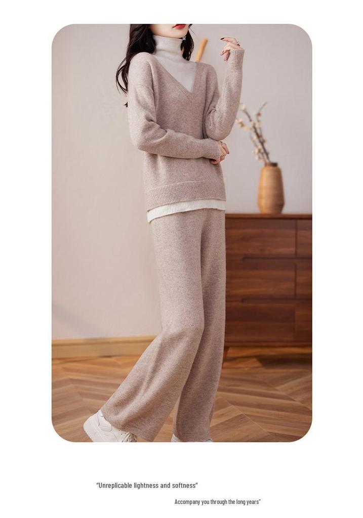Color-Block Women's Wool Two-Piece Set: High Neck Sweater & Wide-Leg Pants with Faux Collar, Autumn/Winter 2023 Collection