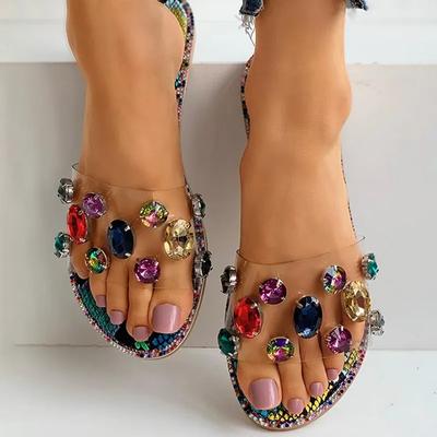 Chanclas de verano de moda para mujer, zapatillas de moda con piedras preciosas y diamantes salvajes, planas con PVC transparente, zapatos para mujer