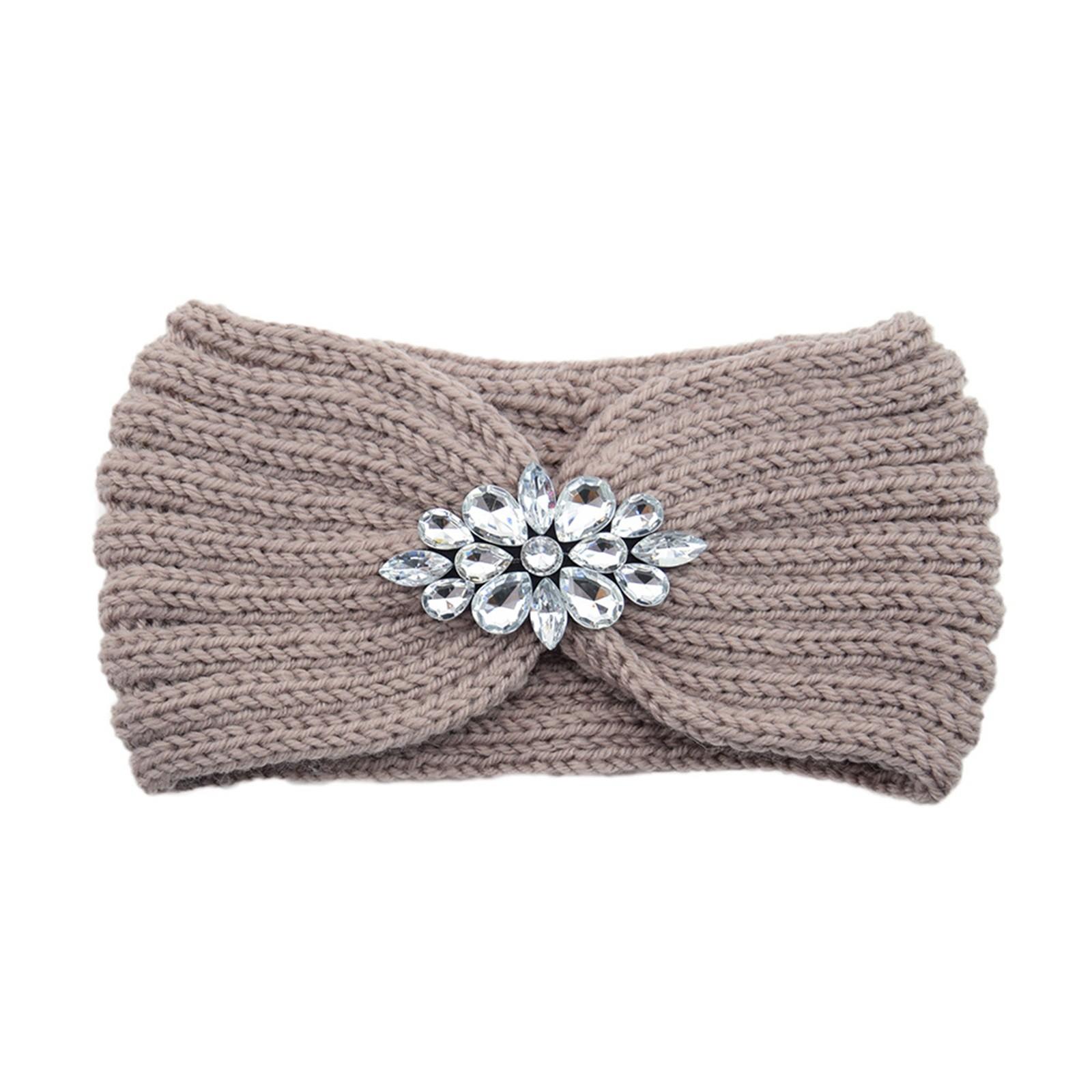 

Зимняя широкая вязаная повязка на голову, женская новая прозрачная вязанная крючком повязка для волос с прозрачными кристаллами и цветком, повязка на голову, теплые аксессуары для ушей со стразами One Size бронзовый