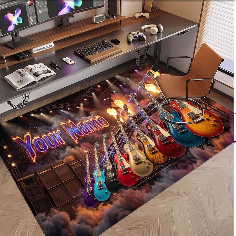 Music Guitar Theme Soft Crystal Velvet Rug Custom Name & Text Print Non Slip Floor Rug for Bedroom Living Room
