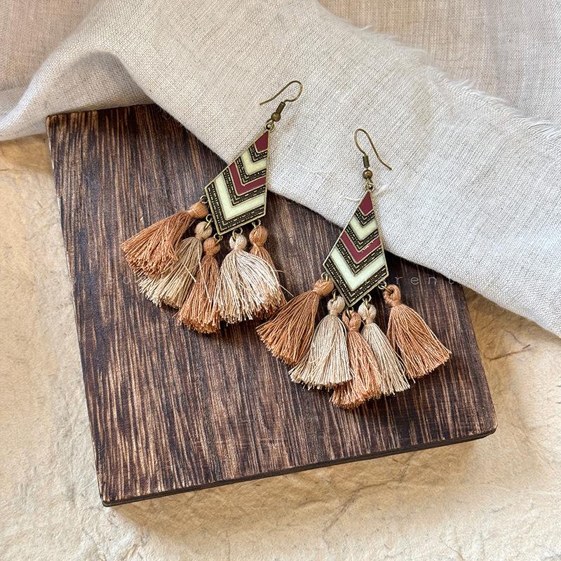 Ethnic Antique Finish Tassel Drop Earrings for Women