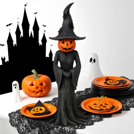 Halloween Witch Statue Gothic Resin Enchanting Witch Figurine with Pumpkin Head Desktop Ornament for Indoor Home Shelf Table Decor