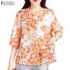 ZANZEA Women Casual Round Neck Loose Short Sleeve Floral Blouse