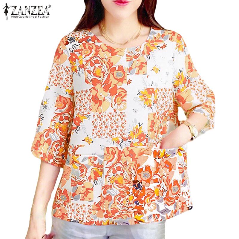 ZANZEA Women Casual Round Neck Loose Short Sleeve Floral Blouse