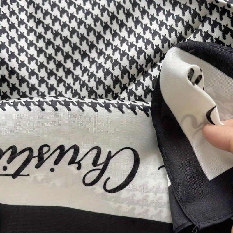26.77" Black White Houndstooth Letter Square Scarf Thin Satin Shawl Elegant Style Sunscreen Headscarf For Women