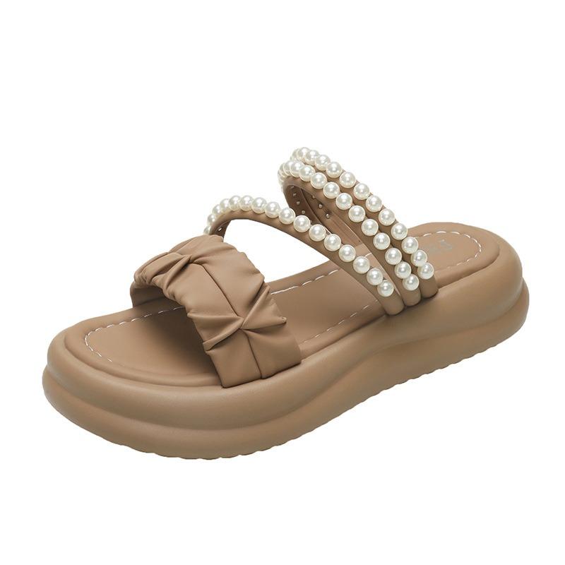 

Носите жемчужные плиссированные тапочки-маффины для женщин, летние новые пляжные на толстой подошве шлепанцы на одно слово, носите крутые тапочки для женщин 41 хаки