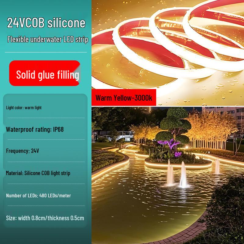 Wasserdichtes Niedervolt IP68 Silikon COB LED Streifenlicht 24V/12V, Unterwasser tauchfähig, Selbstklebend, Flexibel für den Außenbereich.