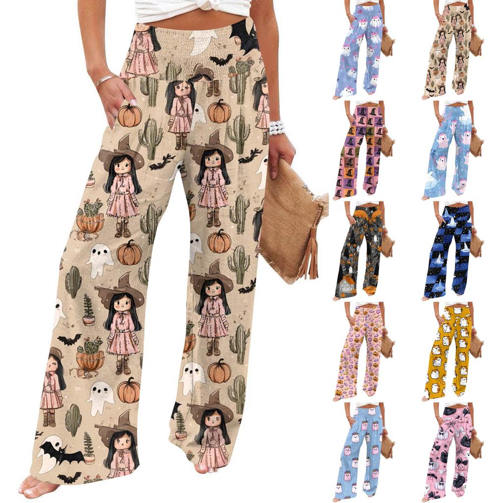 Women's Casual Time Straight Leg Pants Print High Waist Pants With Pockets