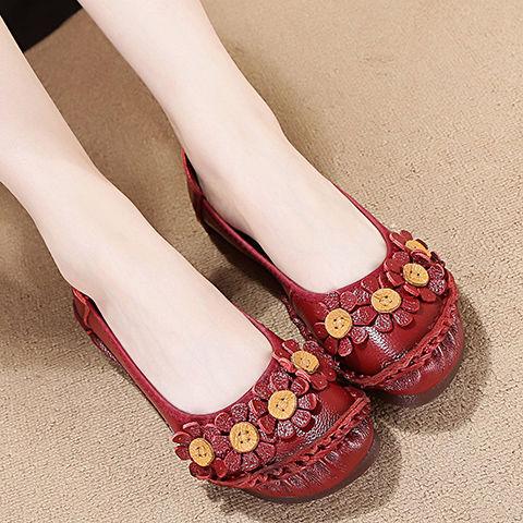 Vintage Flower Moccasins Woman Genuine Leather Ballet Flats Ladies Hollow Slip Women's Luxury Loafer Purple Walking Shoes 42