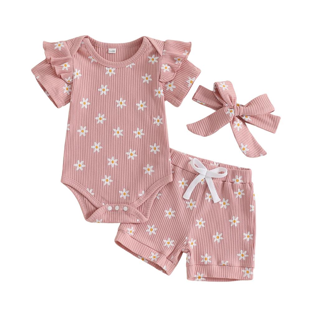 Baby Girls Summer Outfit Short Sleeve Romper + Floral Elastic Waist Shorts + Headband Set Infant Clothes