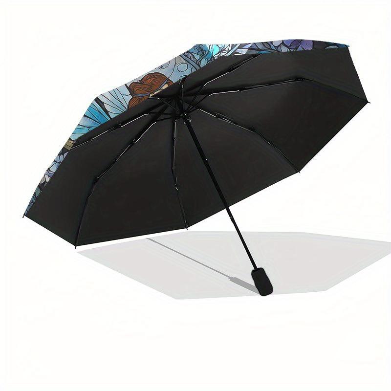 Stunning Fairy Garden Stained Cute Window Art Umbrella, Cute Umbrella with Cute Design, Portable 3-Fold Compact Umbrella for Men & Women, Valentine's