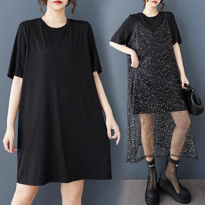 Short Sleeve Plus Size Black Vintage New In Dresses for Women Casual Loose Midi Long Summer Dress 2piece