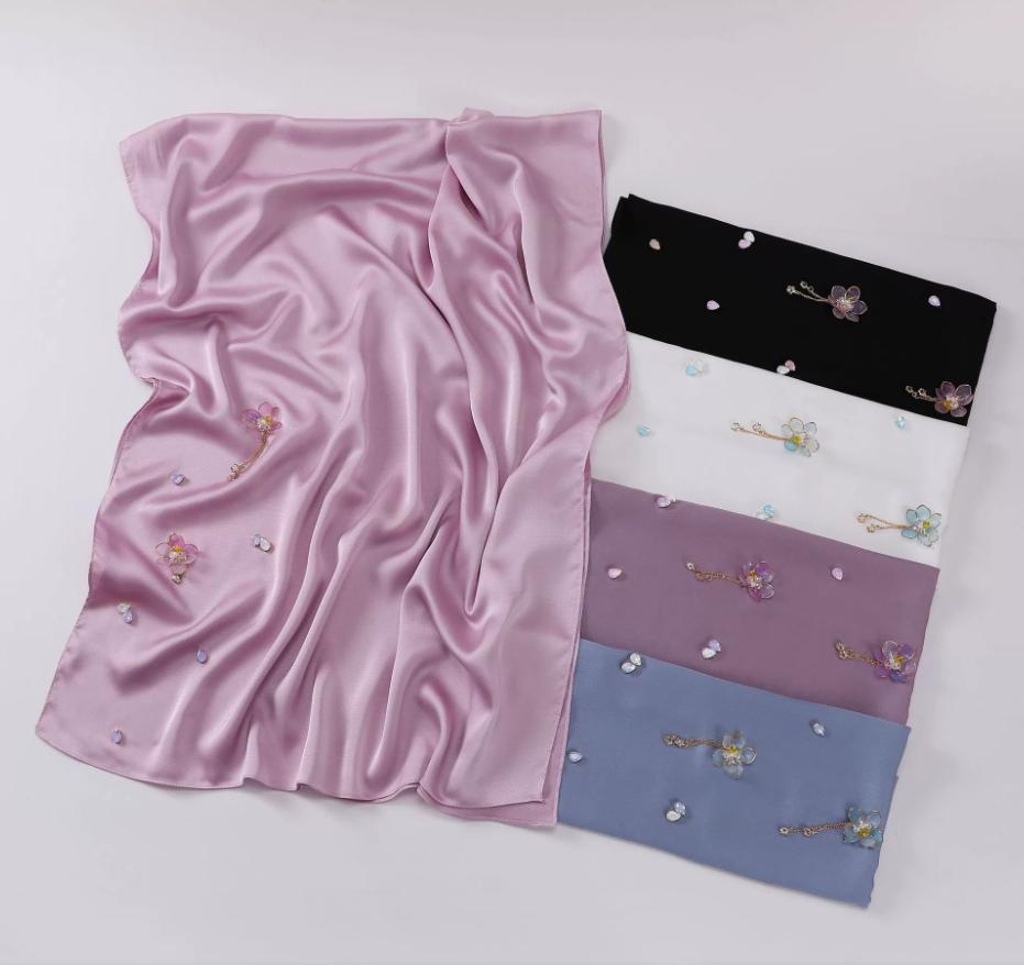 Fashion Hijab With Diamonds Flowers Muslim Scarf Shawls Solid Headscarf Wraps Ramadan Eid Hijabs Headband Turban