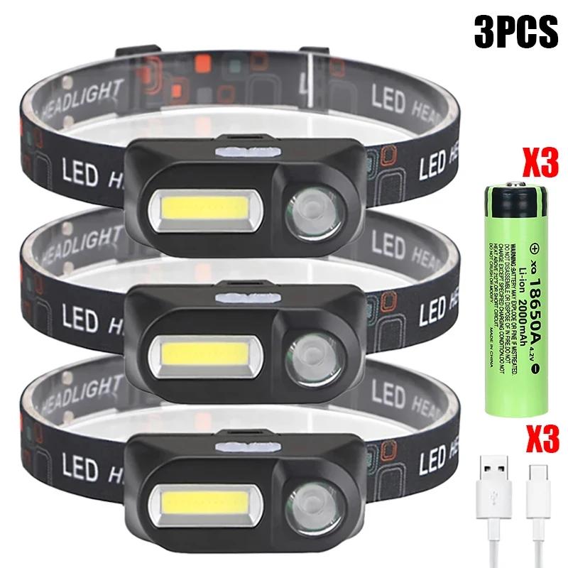 Powerful COB+LED Headlamp 18650 2000MaH Rechargeable Headlight Waterproof Head Lamp Bright Head Flashlight for Camping Cycling