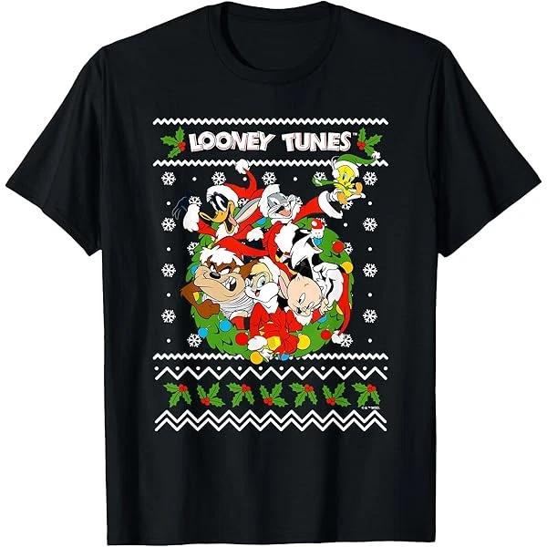 Men s and Women s T-shirts NEW Looney Tunes Merry Christmas Heavy Cotton Black S