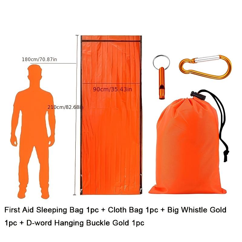 4-teiliger Notfallschlafsack, Nylontasche mit Überlebenspfeife + Notfalldecke + Karabiner, Outdoor, Wander- & Campingausrüstung