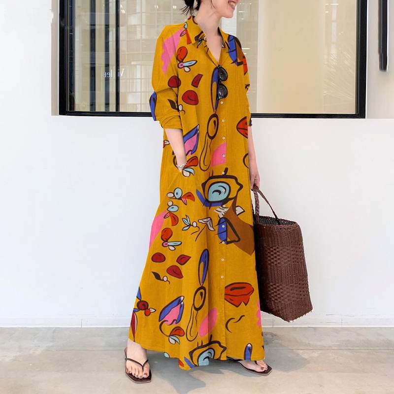 

Vintage Bohemian 2026 Women s Long Sun Dress: Loose Long Sleeve Lapel with Cardigan Print S жёлтый