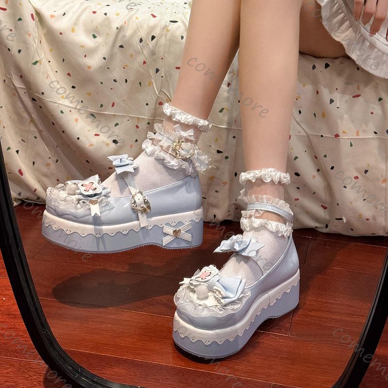 Comemore Platform Lolita Wedge Mary Janes Shoes for Women Autumn New Round Toe Colorblock Bow Ankle Buckle Pumps Single Shoes