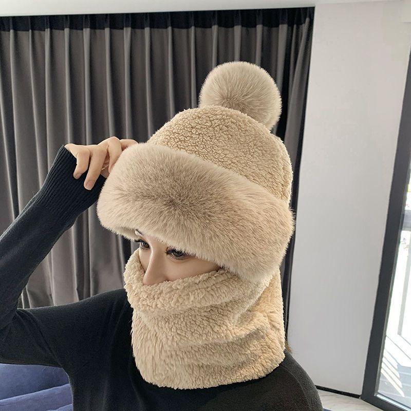 Bear Mask Hat Winter Scarf Integrated Gloves Scarf Hooded Female Cute Warm Three-piece Set Autumn and Winter
