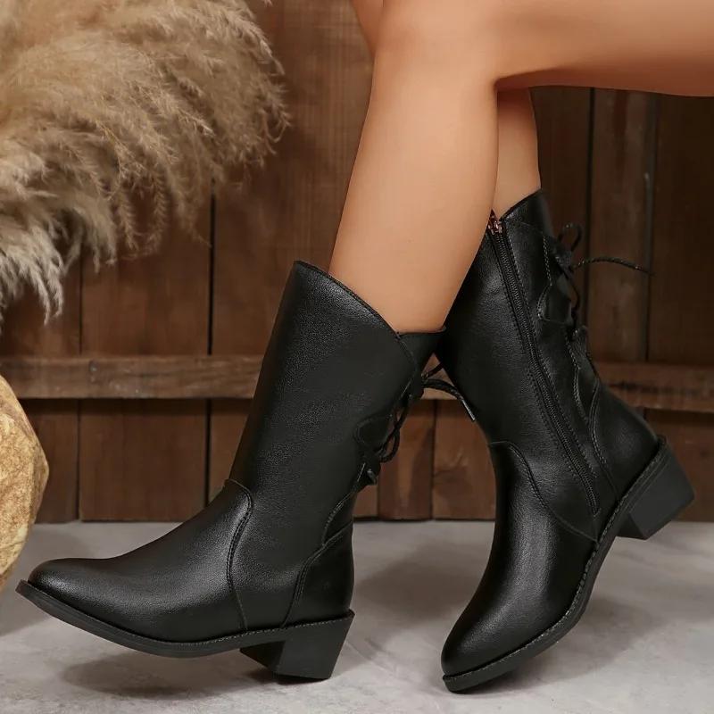 High Quality PU Zip Half Boots Shoes for Women 2025 Autumn New Versatile Black Square Heel Round Toe Concise Women's Boots