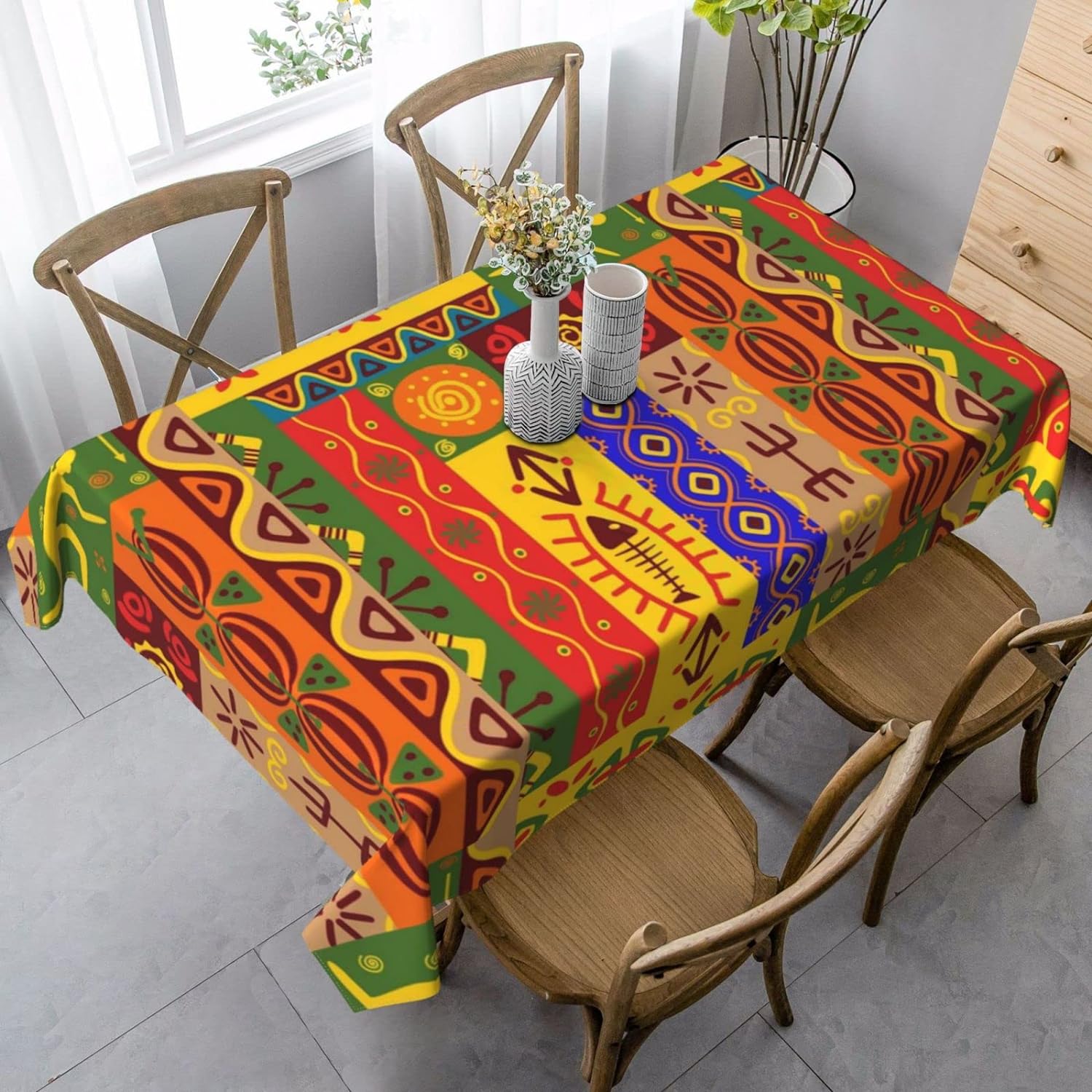 Afrikanisches Stammesmuster Rechteckiger Tischdecke Feiertagsparty Dekoration Waschbar Bauernhaus Küchentischdecke für Esszimmerparty Dekoration 140x180cm