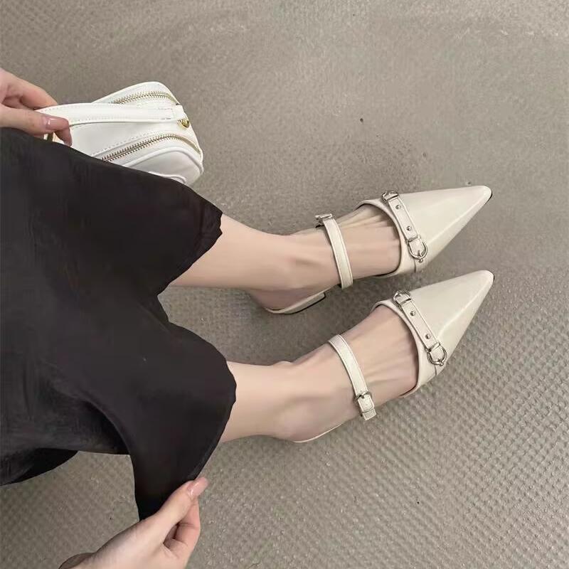 New Summer Elegant Pointed Toe Outside Beach Mid-heeled Slippers Fashionable Comfortable Casual Buckle Work Slippers for Women