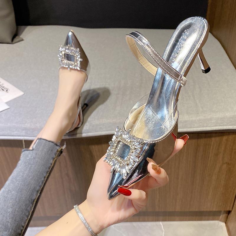 New Style Crystal Thin Heels Mules Women Slippers Elegant Pointed Toe Banquet Party Prom Ladies Shoes Zapatos Mujer