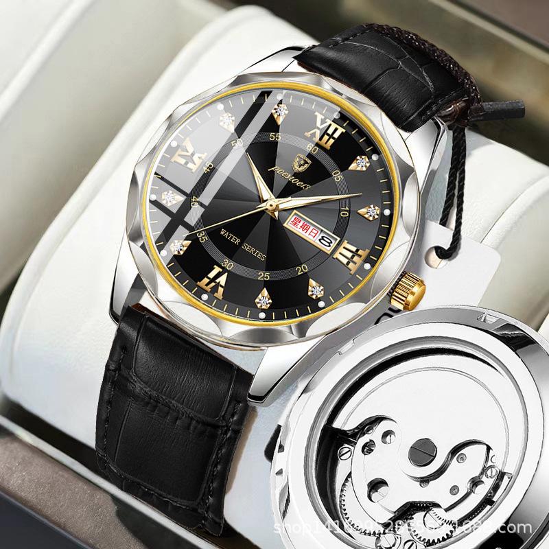 Lysende automatisk mekanisk klokke for menn med dobbel kalender, skjelettdesign, fasjonabelt belte og vanntett kvarts.