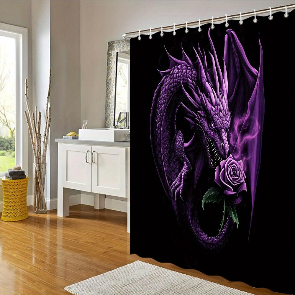Mystical Purple Dragon With Rose Shower Curtain - Waterproof, Mildew-Resistant With Gothic Fantasy Design For Unique Decor