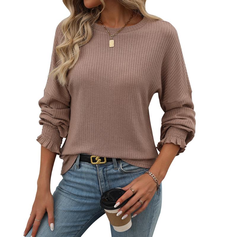 

Women s Style Autumn Winter New Style Loose Pullover Casual Ribbed Ruffled Long Sleeve Crew Neck T Shirt S хаки