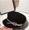Chic Elegant Winter Wool Felt Luxury Large Shiny Rhinestone Flowers Chain Lady Octagonal Hat Women Visors Cap