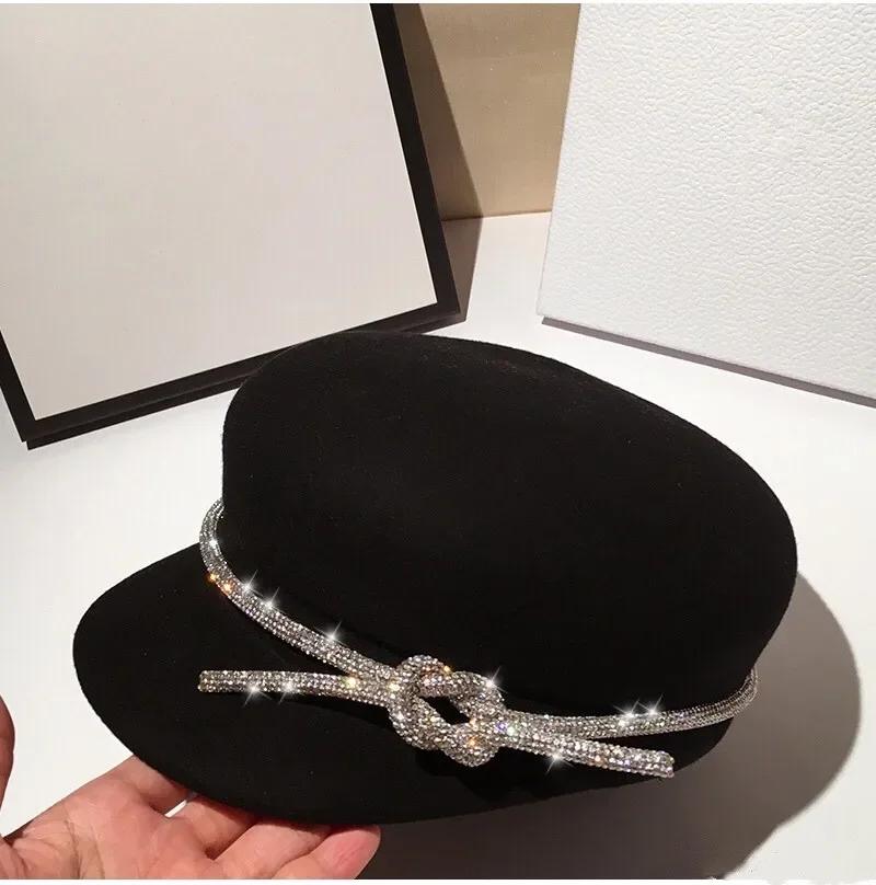 Chic Elegant Winter Wool Felt Luxury Large Shiny Rhinestone Flowers Chain Lady Octagonal Hat Women Visors Cap