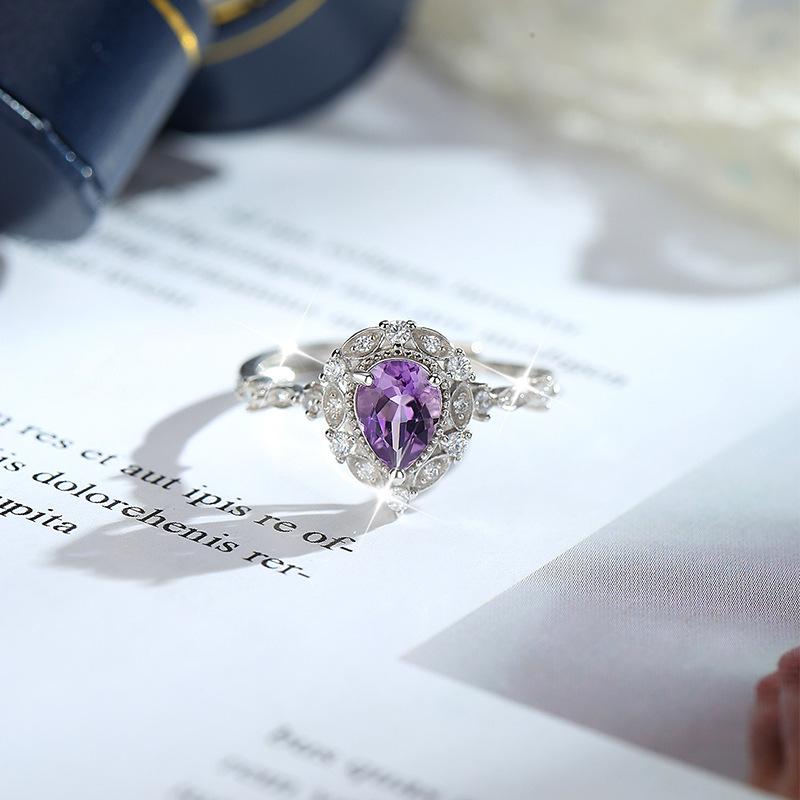 Women's 925 Sterling Silver Amethyst Ring, 5*7mm Pear Cut Natural Purple Crystal Ring, Luxury Gemstone Jewelry for Engagement, Anniversary, Gift