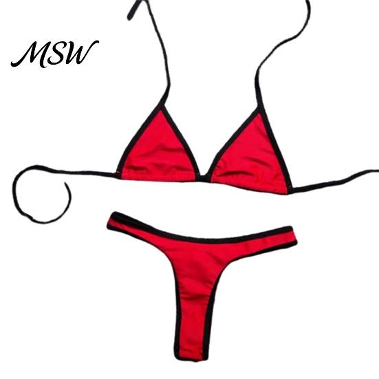 Halter Tie Bikini Top Women Triangle Set, & High Cut Thong, Summer Two High-cut Thong Piece Swimsuit, Sexy Contrast Color Bathing Suit for Beach Pool S красный