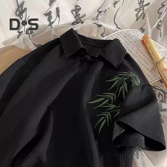 Men's Chinese Style T-Shirt Short Sleeve Lapel Tee Shirt Retro Loose Fit T-Shirt with Bamboo Embroidery Pattern for Daily Wear Street