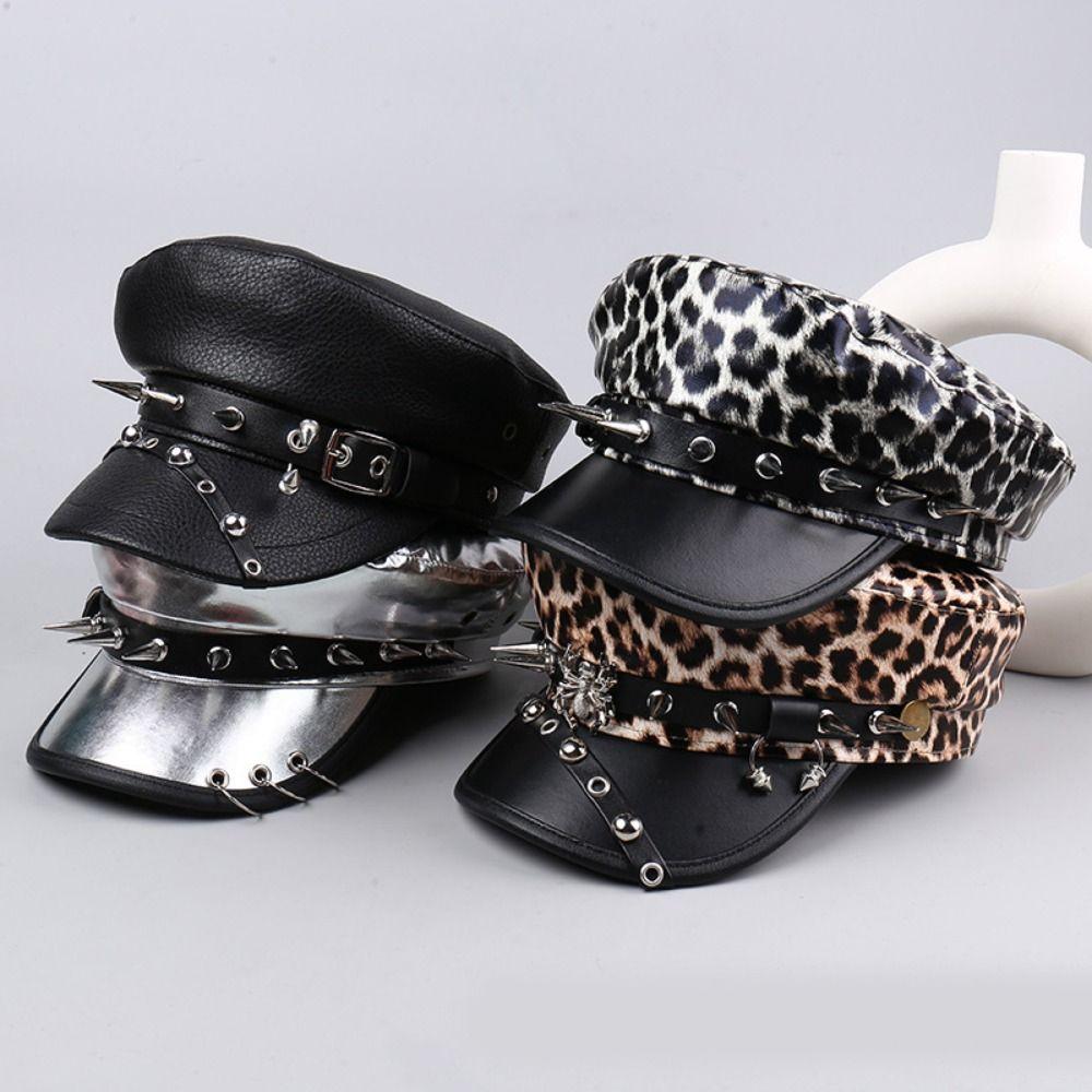 Hip-hop Y2k Beret Hat Punk Flat Top Cap Vintage Rivet Leopard Hat  for Girls