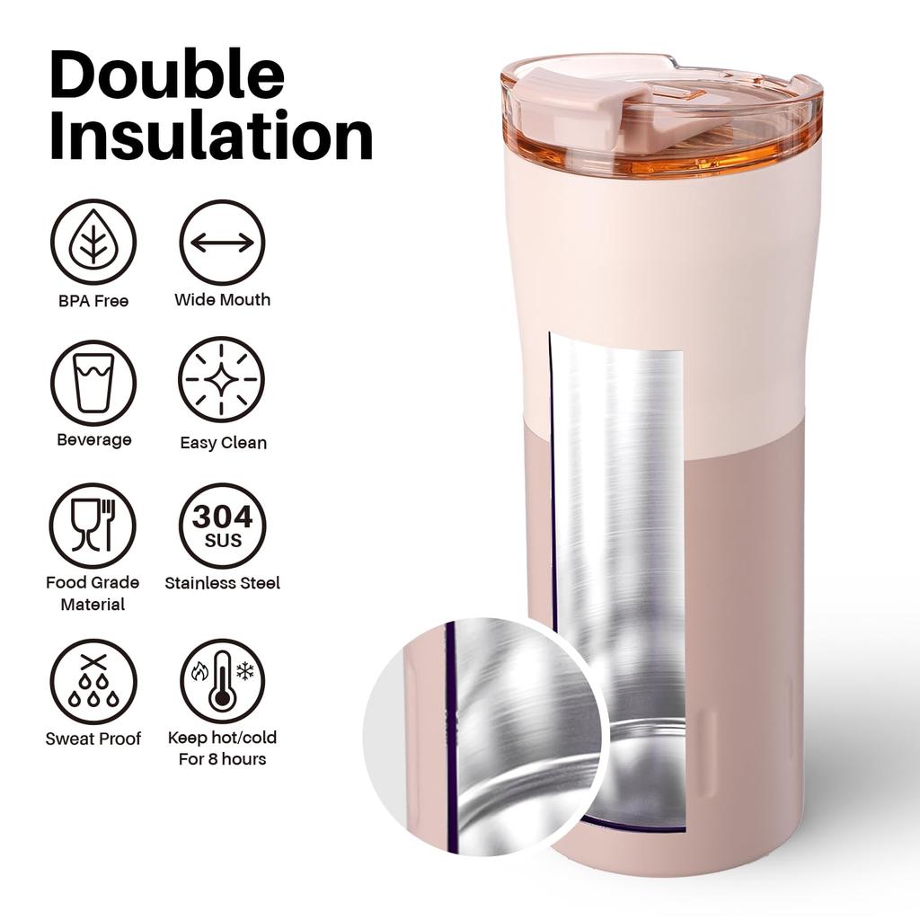SANTECO 500ml Stainless Steel Vacuum Insulated Tumbler with Keeps Hot or Coffee Water Outdoor Light Pink Wide-Mouth Lid, Cold, Cup, Bottle, Mug, Car,