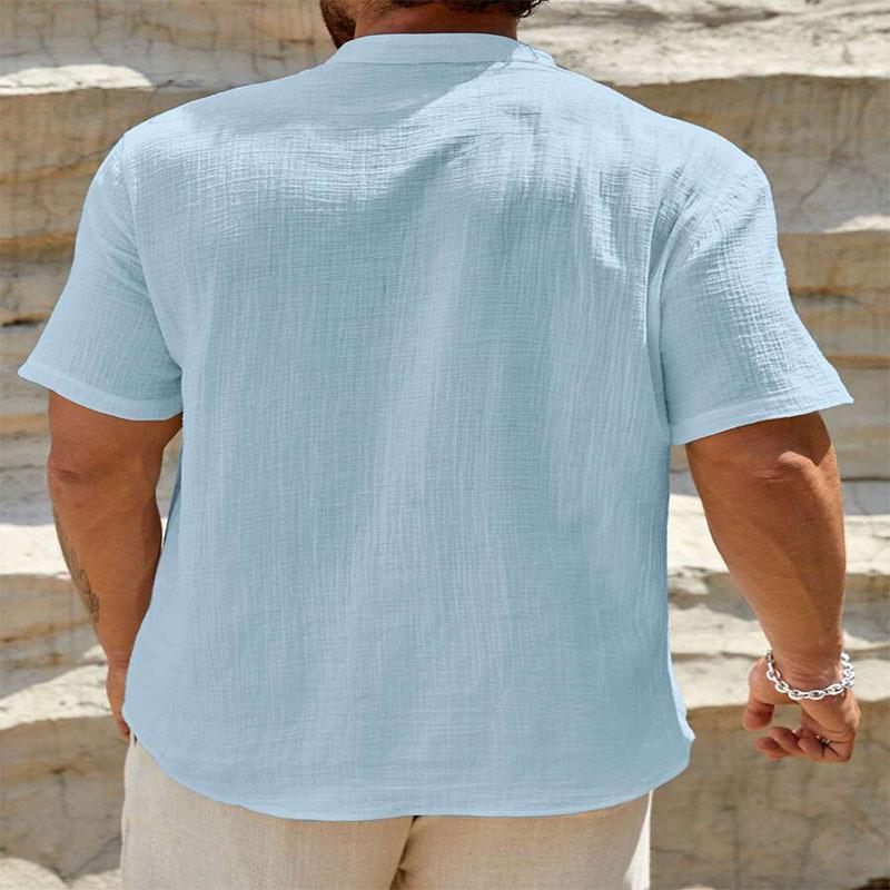 Men's Cotton And Linen Double-layer Solid Color Cuban Collar Short-sleeved Shirt Men's Fashion Simple Solid Color Shirt