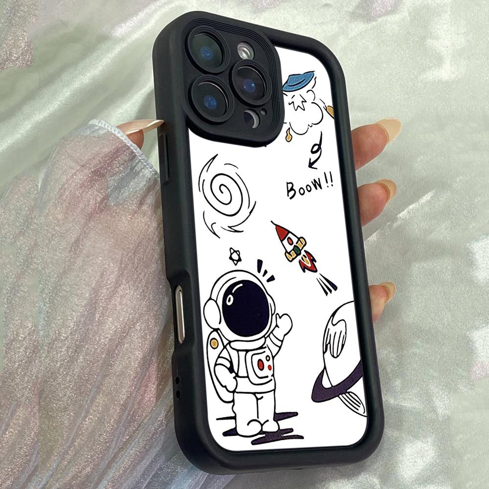 JT125 Charming Astronaut Doodle Riding Rocket for iPhone 17 16 15 Pro Max Samsung S26 S25 Ultra A17 A16 A07 A56 Xiaomi 15T Redmi 15c 14c Soft TPU Case